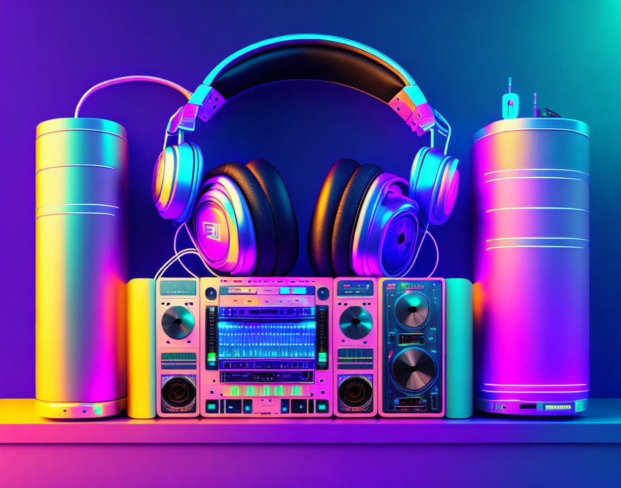 Stylish headphones on cassette deck with speakers under neon lighting