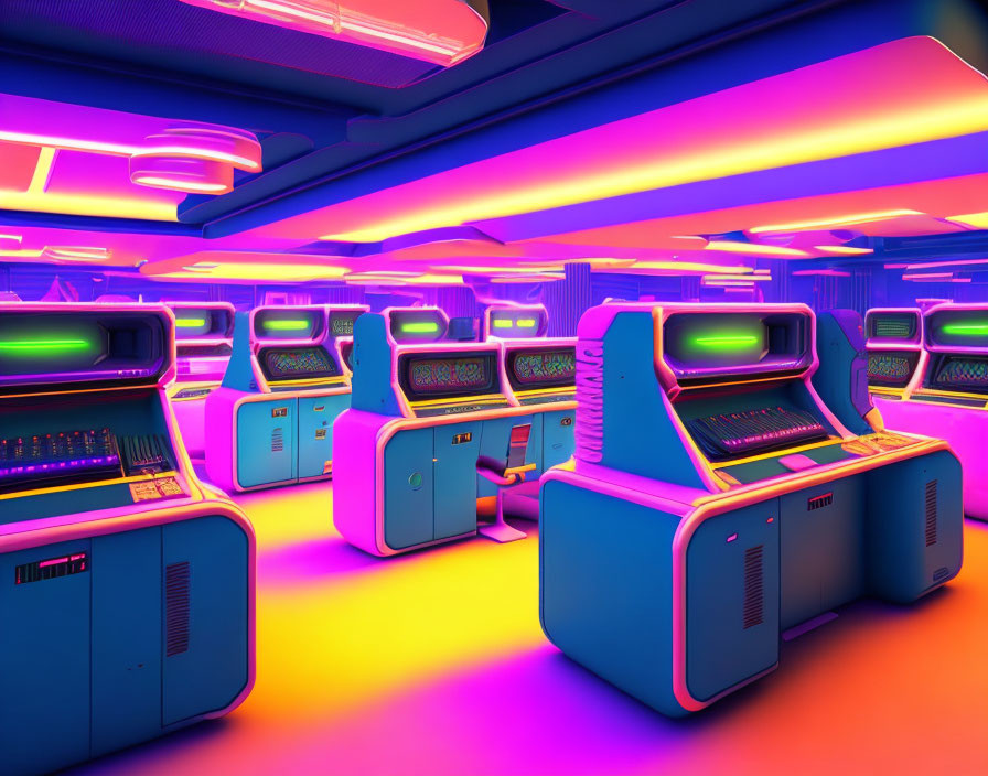 Colorful Retro Arcade Room with Neon Lights and Vintage Cabinets