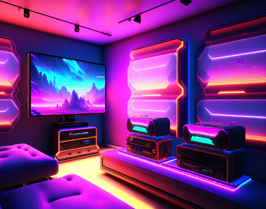 Modern gaming room with neon lights, scenic monitors, and high-end equipment