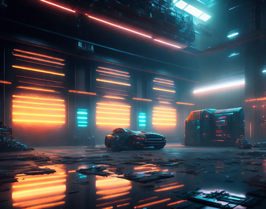 Futuristic vehicle in neon-lit industrial area with orange lights.