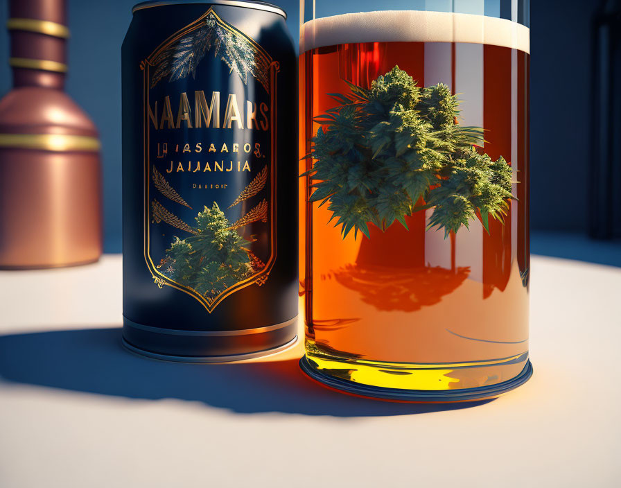 Intricate label design on beer can beside glass of amber beer with hops on table