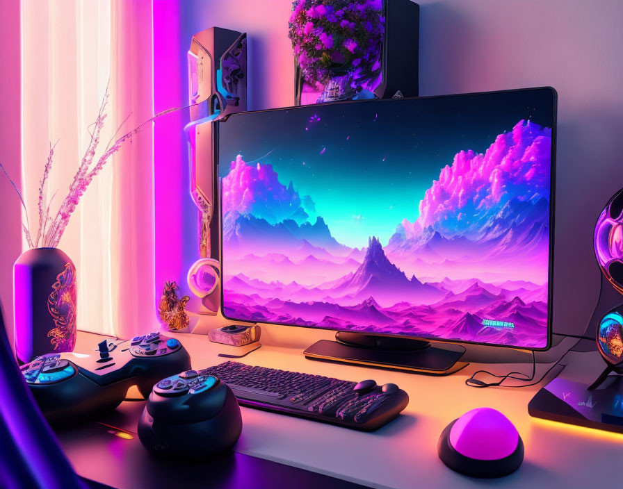 Colorful Gaming Setup with Neon Lights, Widescreen Monitor, Cosmic Landscape, Speakers, Keyboard,