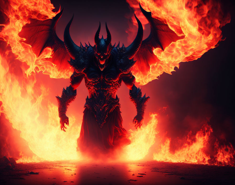 Dark-winged demon engulfed in intense flames in ominous setting