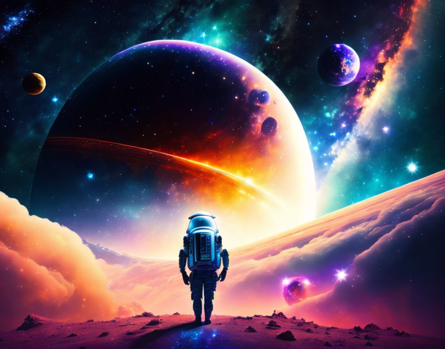 Astronaut on alien landscape with planets and moons in starry sky