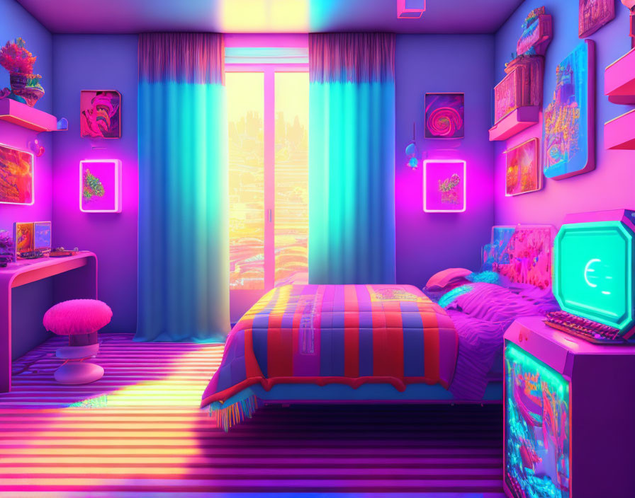 Neon-lit bedroom with striped bedspread, pink chair, computer setup, wall art, and