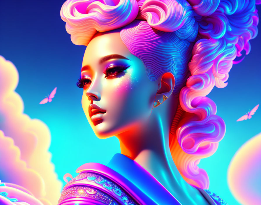 Vibrant digital artwork: Woman with pink hair, butterflies, neon blue background