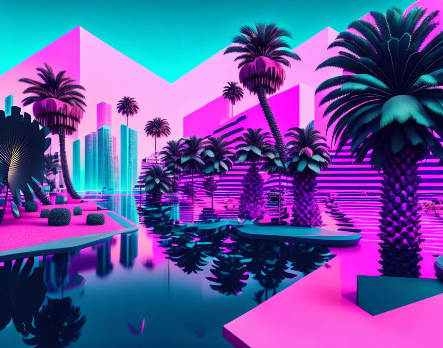 Surreal landscape with neon pink and blue hues, palm trees, water, and city skyline