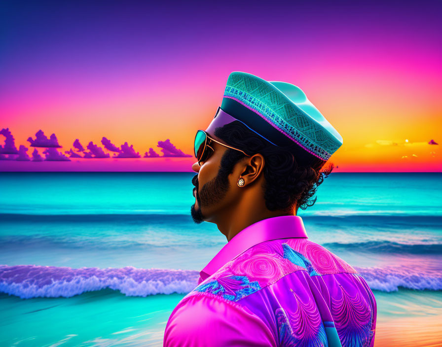 Vibrant pink suit man in sunglasses at surreal ocean sunset