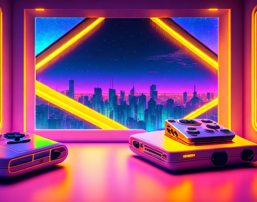 Neon-lit cityscape gaming setup with LED lights & controllers