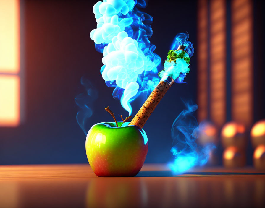 Green Apple Transformed into Smoking Pipe with Blue Smoke on Dark Background