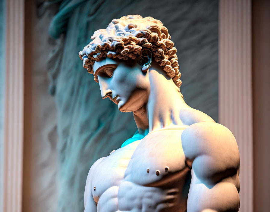 Detailed upper body of David sculpture with muscular anatomy and contemplative look