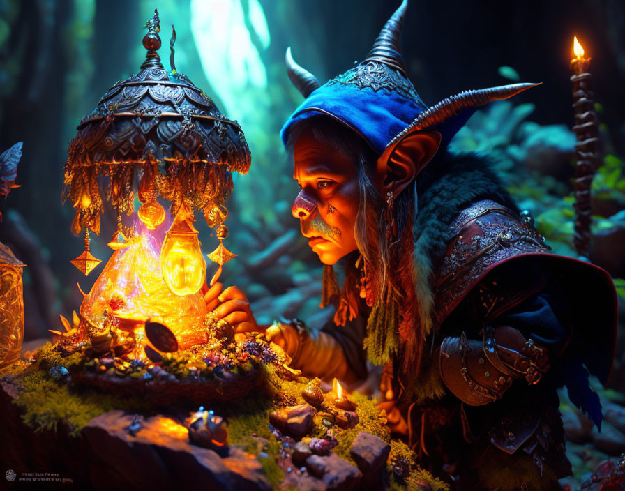 Elf in Elaborate Armor with Glowing Lantern in Enchanted Forest