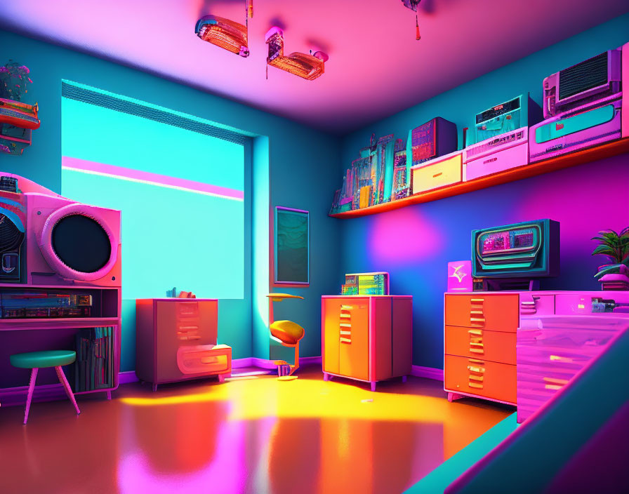 Retro-styled room with neon lights, vintage tech, and pink-blue color scheme