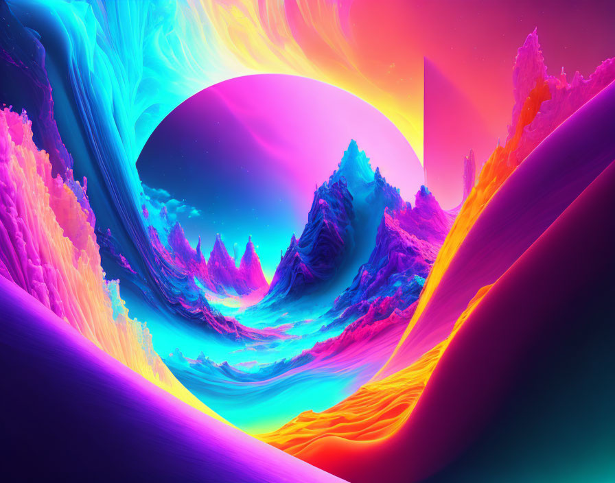 Surreal neon landscape with swirling skies and fantastical mountains