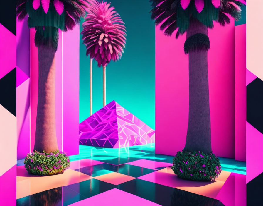 Surreal landscape with neon pink and cyan tones, palm trees, and geometric crystal structure.