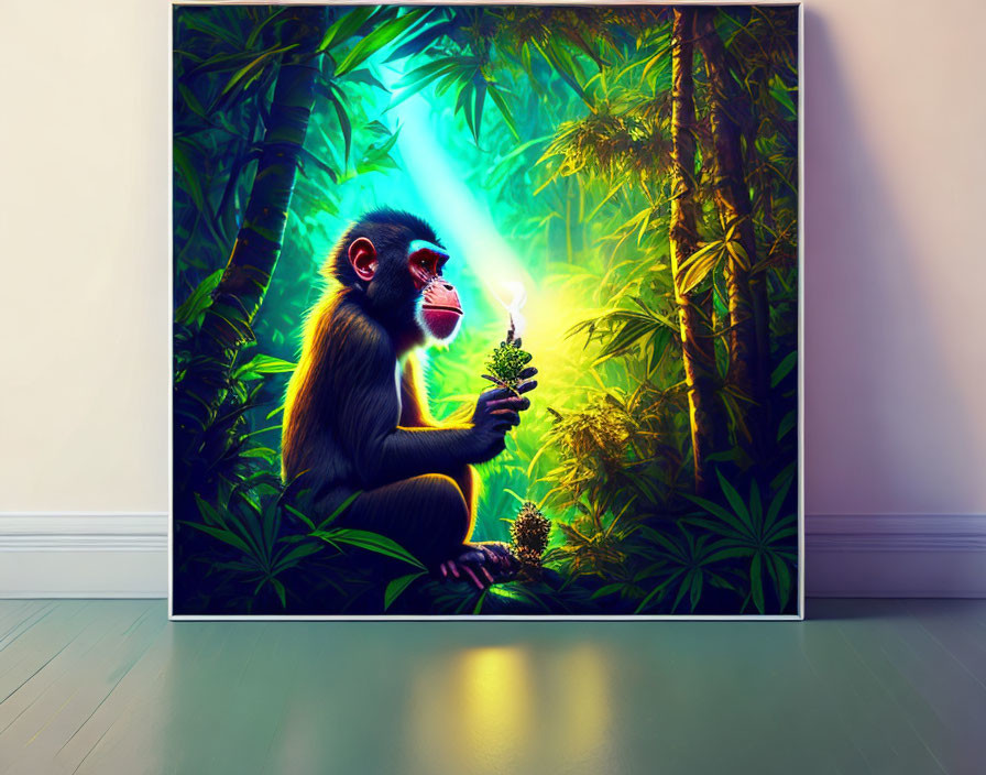 Vivid Monkey and Hemp Plant Canvas Print for Home Wall