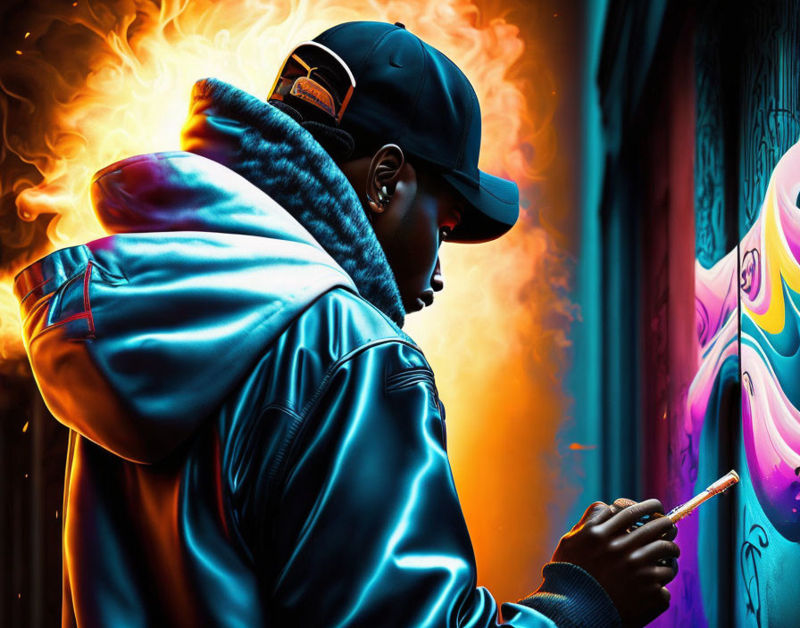 Person in blue jacket and cap looking at glowing phone with flames and graffiti.