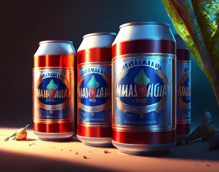 Four beer cans with red and blue labels and pine tree design in warm light with hops.