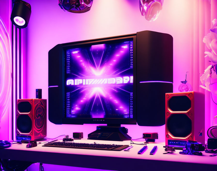 Modern room with neon purple lit gaming setup