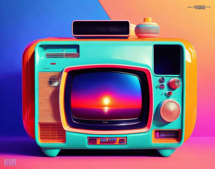 Vintage Retro-Style Television with Turquoise and Orange Sunset Screen