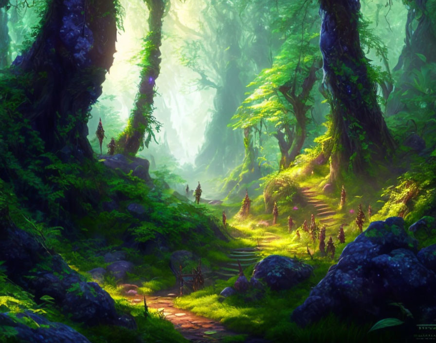 Mystical forest scene with lush greenery and meandering path