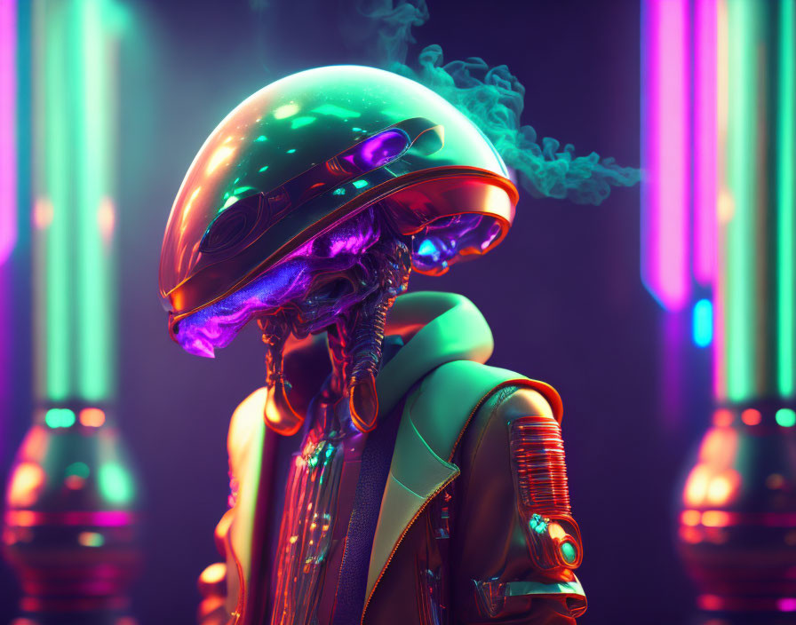 Futuristic figure with reflective helmet surrounded by neon lights