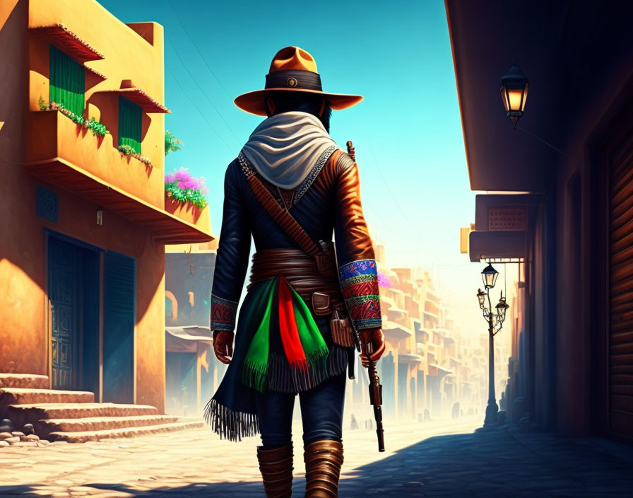 Character in Sombrero and Poncho Strolling Through Colorful Old Western Alleyway