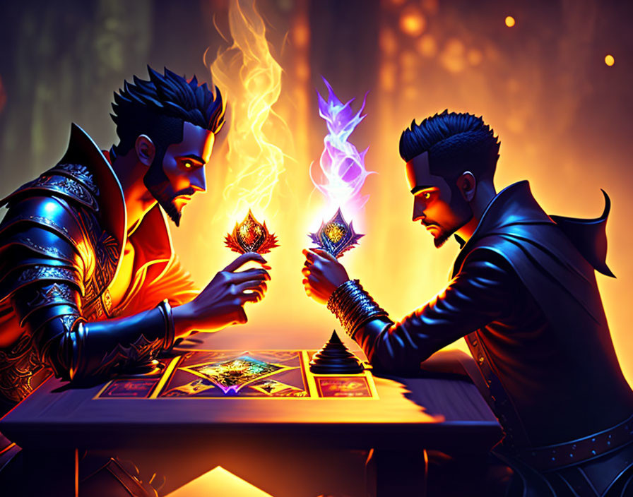 Stylized animated characters in magical card duel with elemental powers