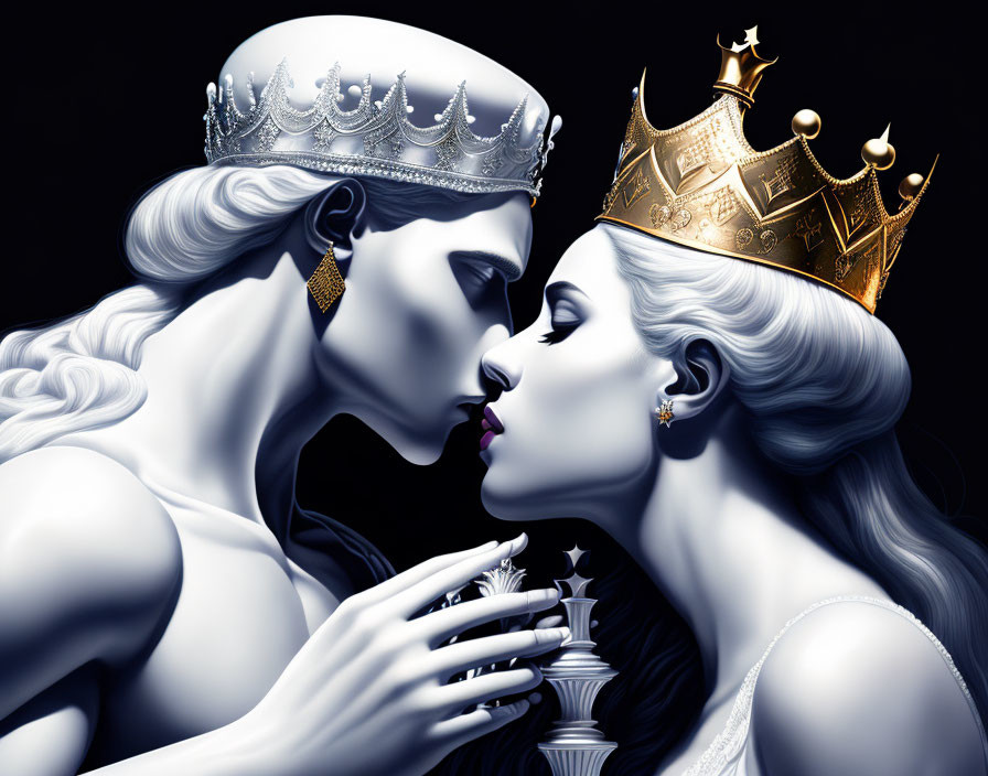 Stylized chess piece figures with royal crowns in intimate pose