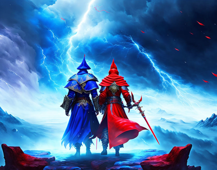 Mystical warriors in blue and red armor on rocky outcrop under stormy sky