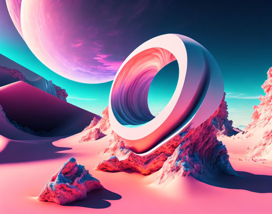 Surreal Landscape with Twisted Ring Structure and Pink Terrain