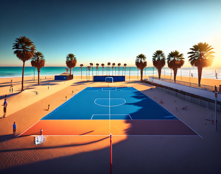 Scenic beachside basketball court with players at sunset