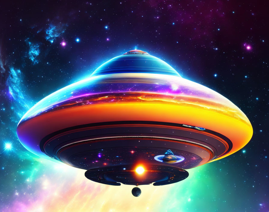 Colorful digital artwork: Large classic UFO with bright lights in cosmic scene.