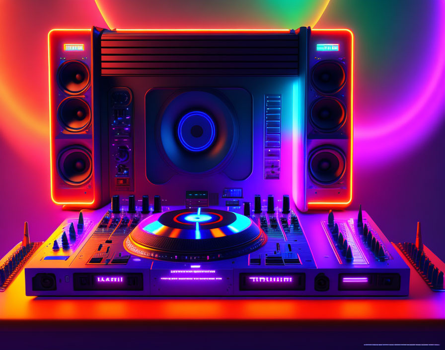 Colorful DJ equipment with turntable, mixer, and speakers on neon backdrop