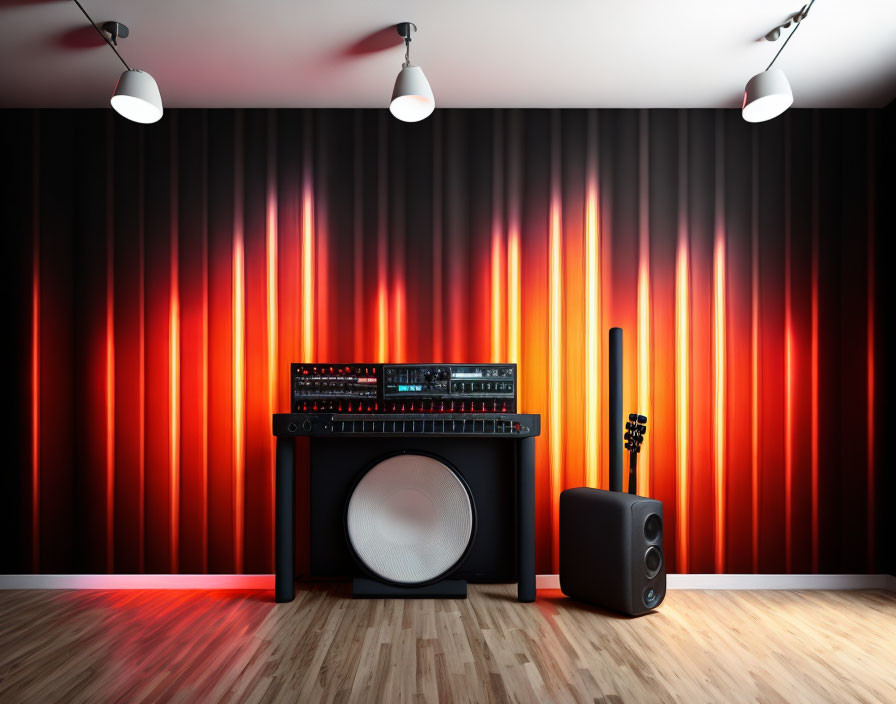 Guitar Amplifier and Subwoofer with Red Backlit Stripes on Black Wall