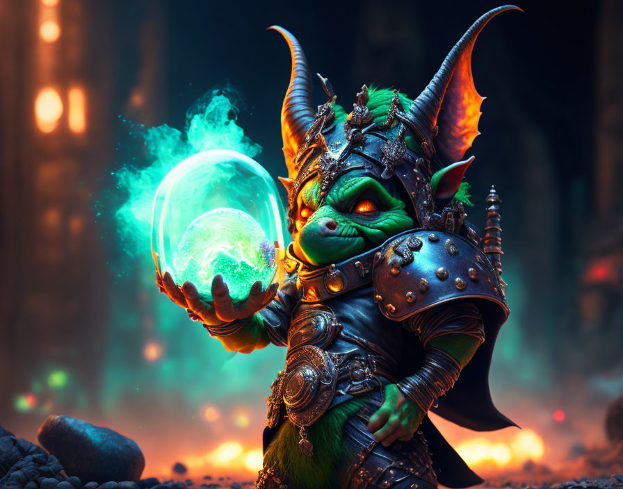 Fantasy goblin in armor with magical orb in fiery backdrop