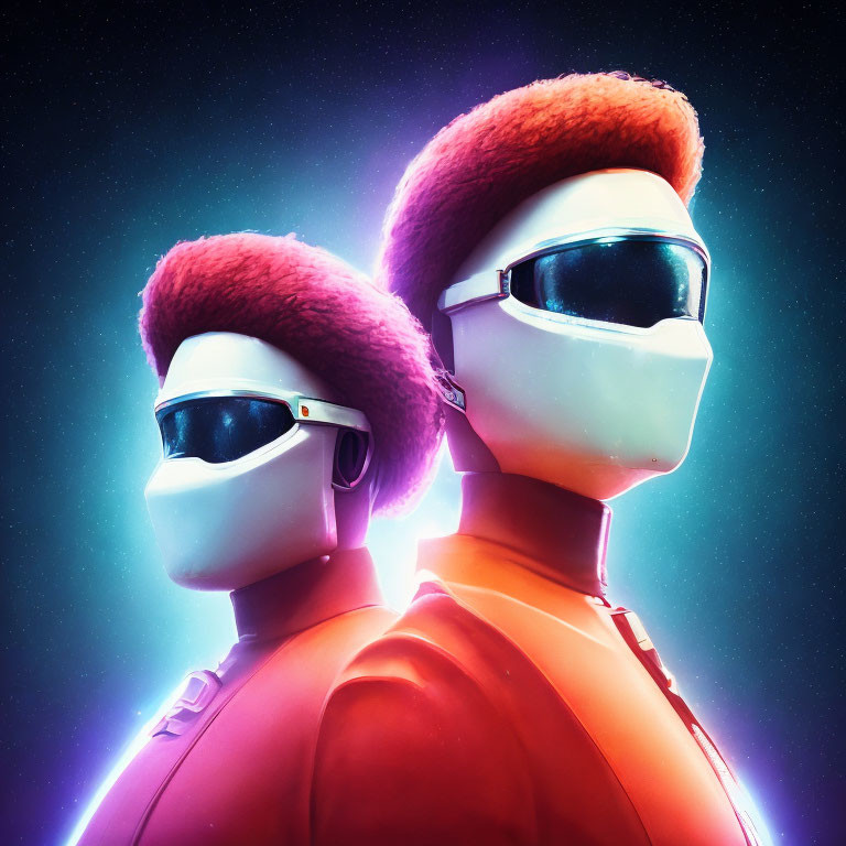 Stylized characters with red afros and visors on neon blue and purple backdrop