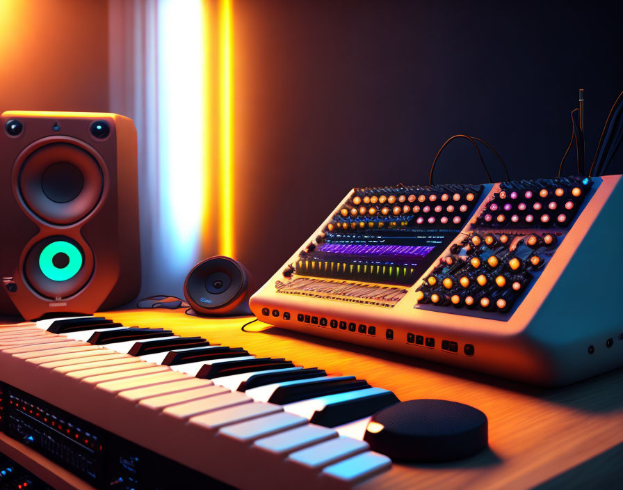 Keyboard, synthesizer, studio monitor, and ambient lighting in music production setup