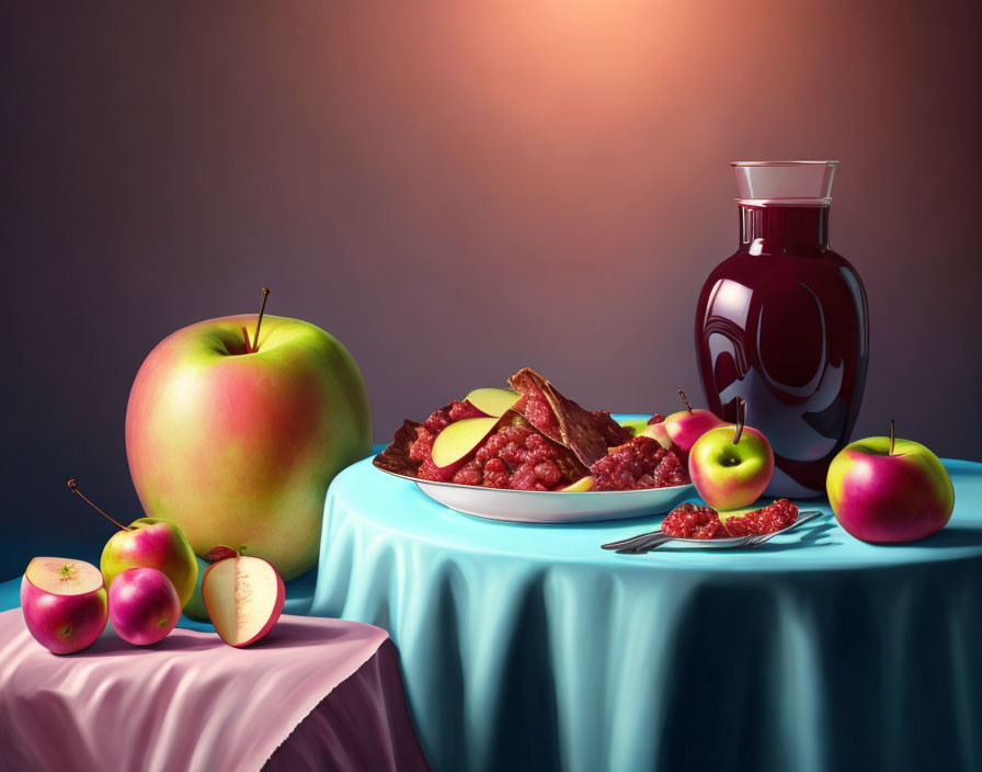 Colorful still-life with apples, meat plate, and jug on draped table