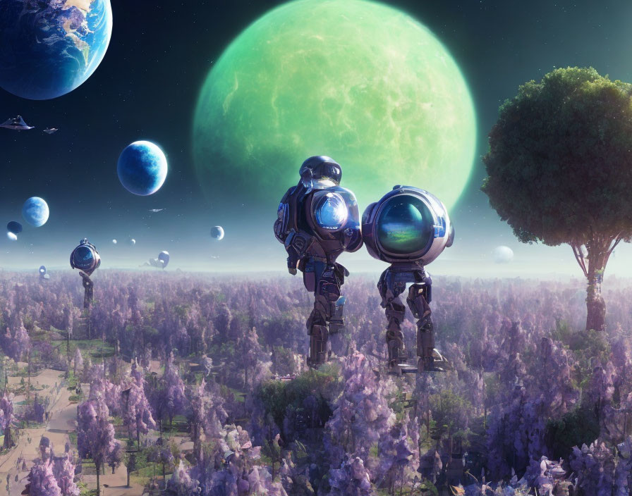 Futuristic astronaut on alien planet with exotic trees & multiple moons