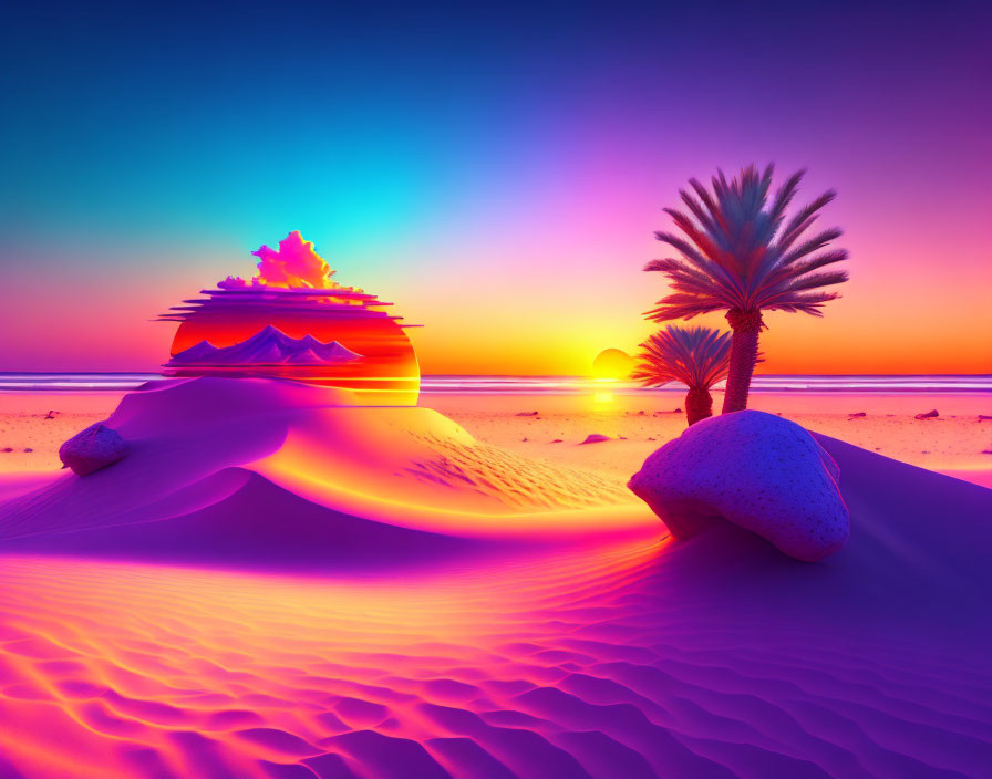 Colorful Desert Sunset with Sand Dunes, Palm Tree, and Oasis