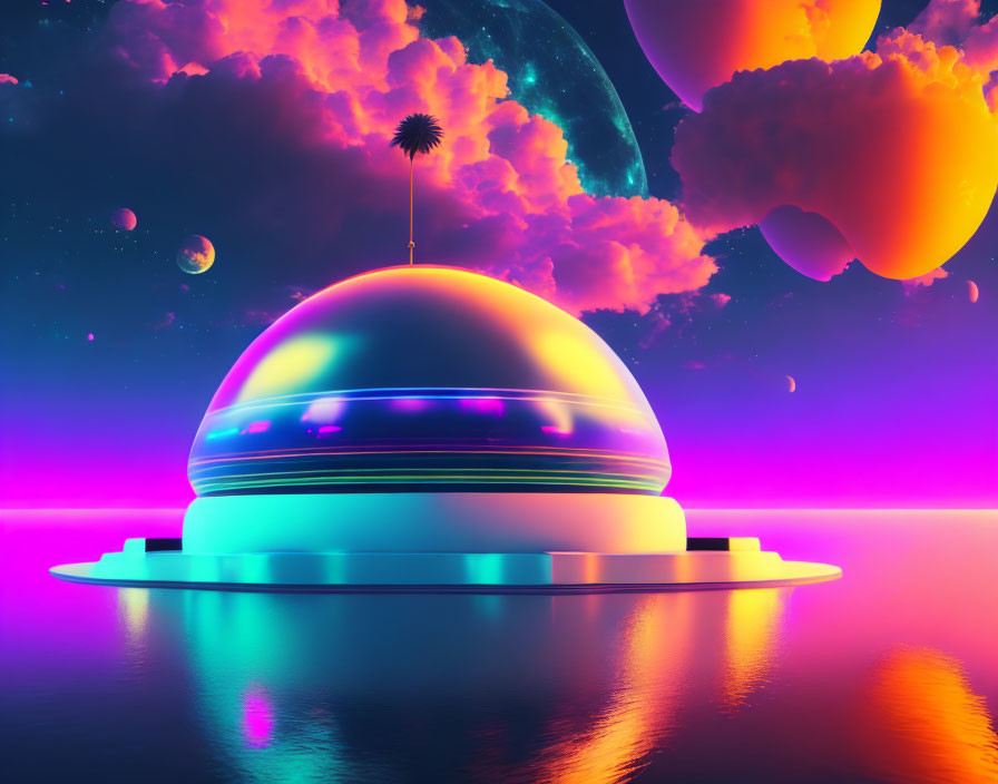 Futuristic dome structure on water in vibrant sci-fi landscape