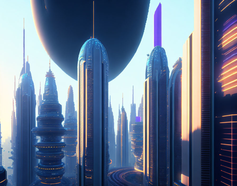 Futuristic cityscape with sleek skyscrapers and glowing lights