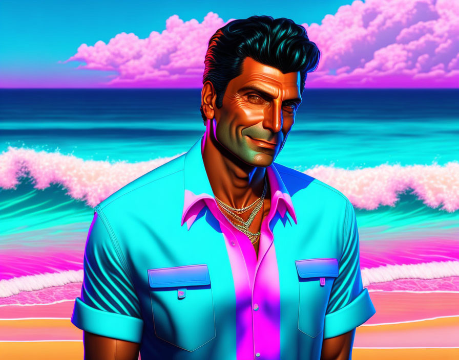 Stylized man with dark hair in blue shirt smiling on vibrant beach background