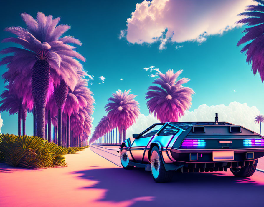 Retro-futuristic illustration of classic car on coastal road