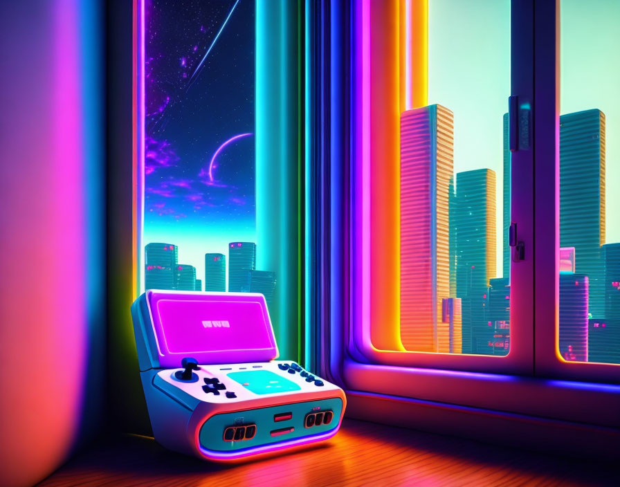 Vintage gaming console beside neon-lit window overlooking futuristic cityscape.