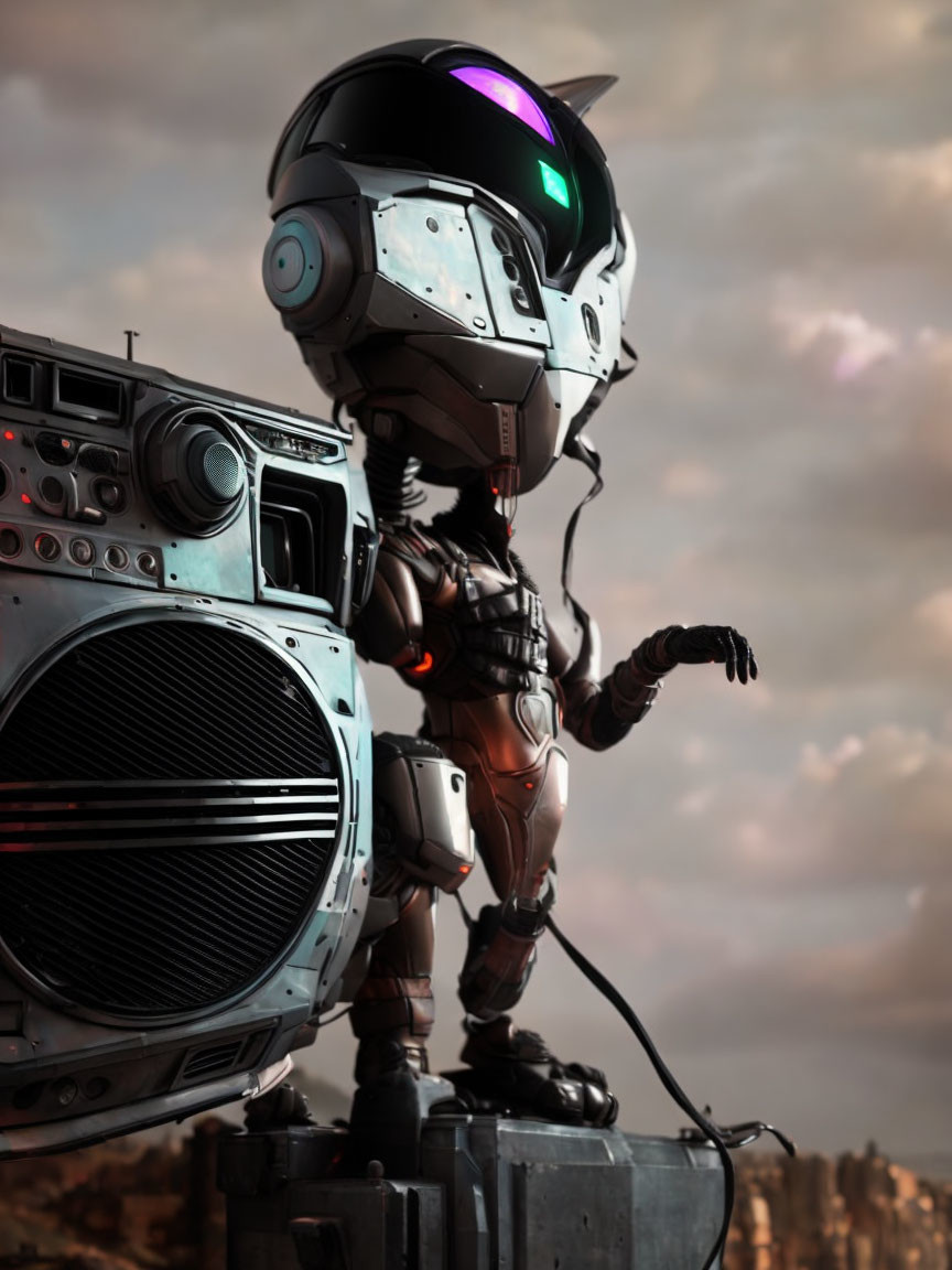 Futuristic robot with sleek design next to large boombox under cloudy dusk sky