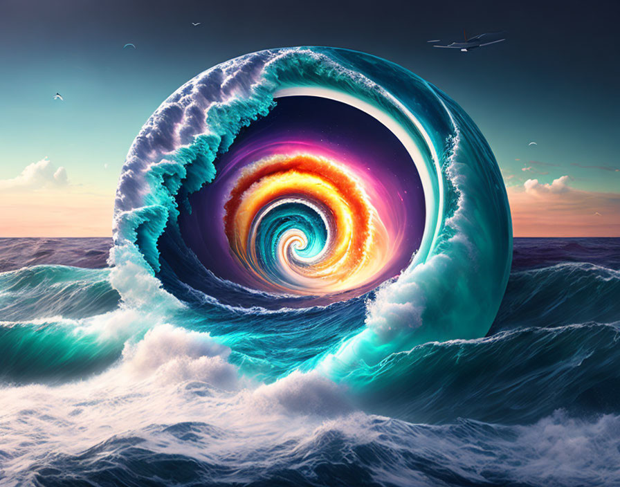 Surreal image: massive wave with spiral galaxy core, stormy sea, tranquil sky at dusk