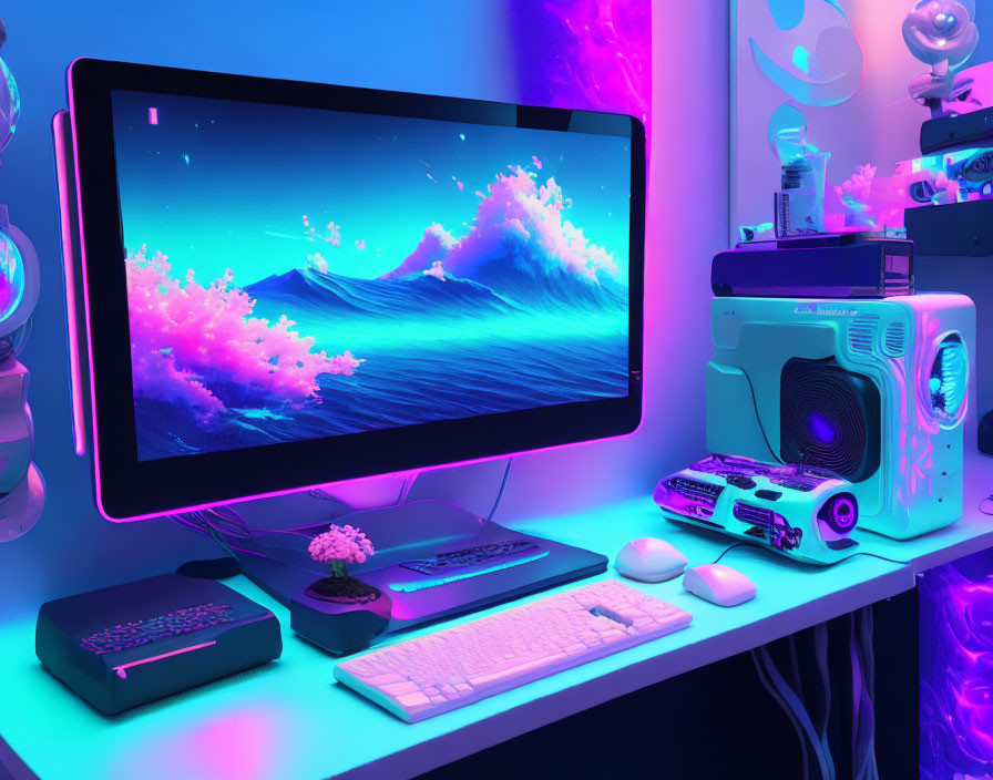 Colorful LED Gaming Setup with Widescreen Monitor & Neon Accents