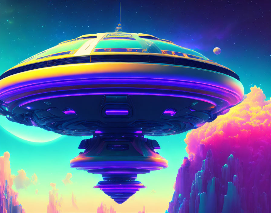 Futuristic UFO hovering above neon-lit clouds in vibrant artwork